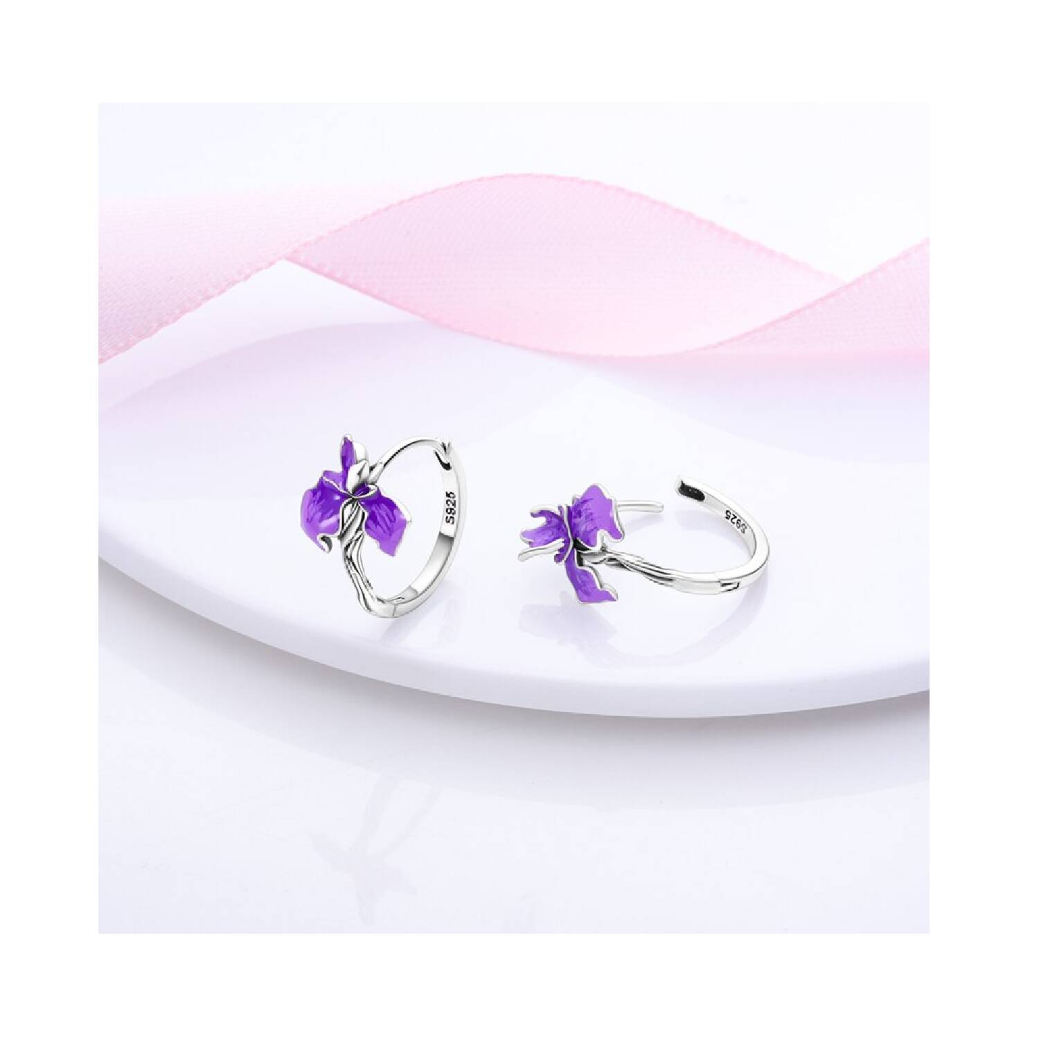 Aros Argolla Flor Iris Lila En Plata 925 - Imagen 2