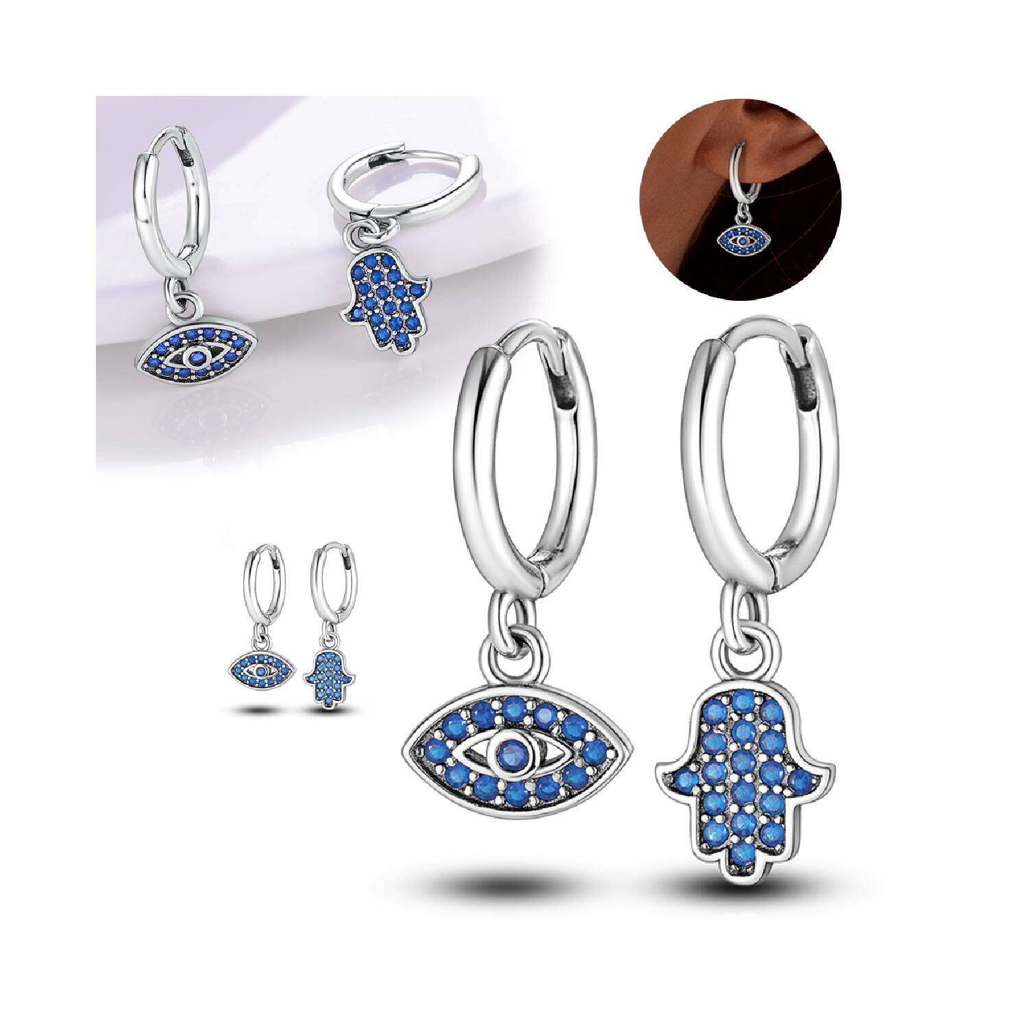 Aros Argolla Mano y Ojo de Protección En Plata 925 - Imagen 4