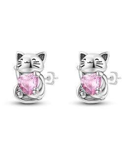 Aros Gatito y Corazón Circón Rosa En Plata 925
