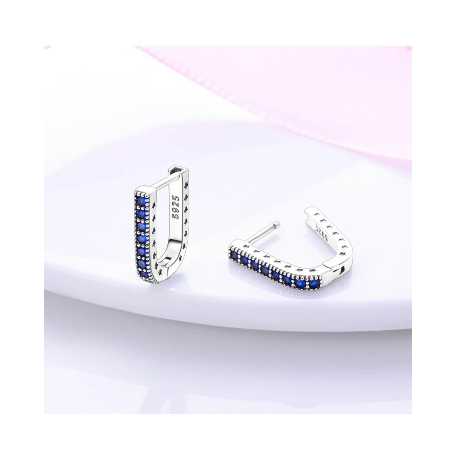 Aros Forma U y Circones Azules En Plata 925 - Imagen 2