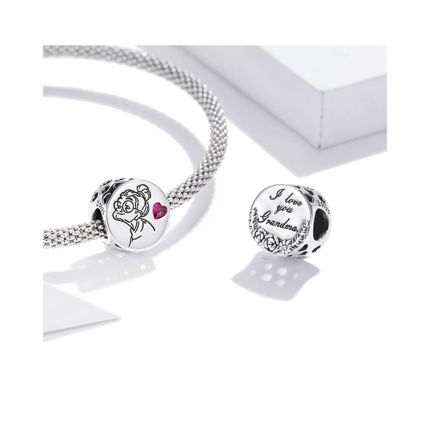 Charm Amor a Abuela y Corazón Rosa En Plata 925 - Imagen 2