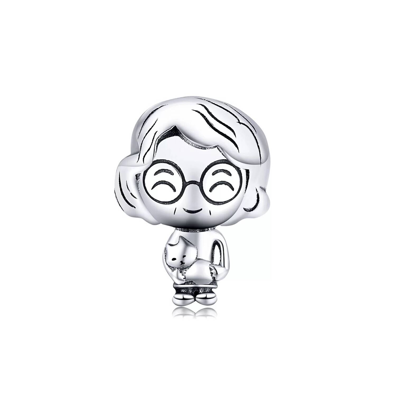 Charm Abuela Sonriente y Gatito En Plata 925