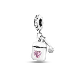 Charm Audífonos Airpods y Corazón Rosa En Plata 925