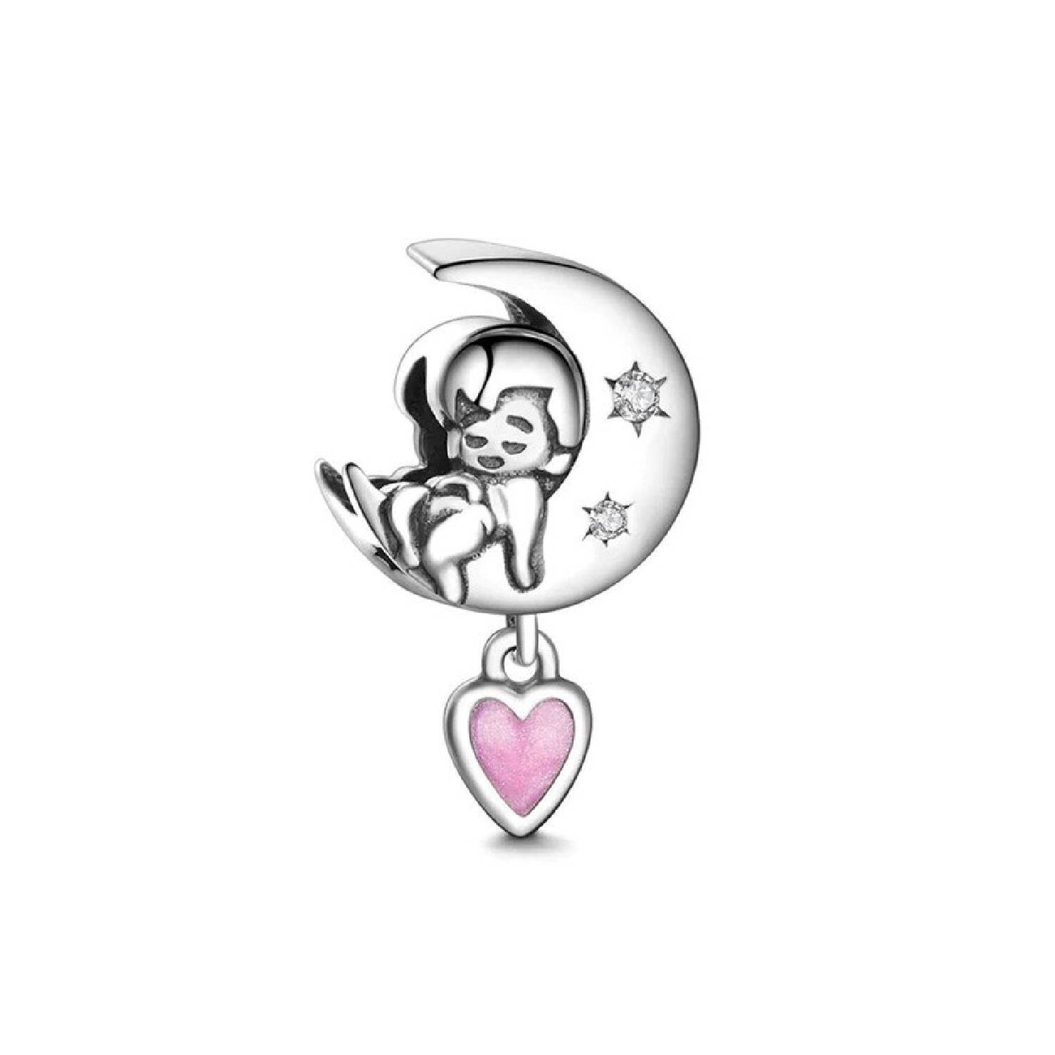 Charm Bebé, Media Luna y Corazón Rosa En Plata 925