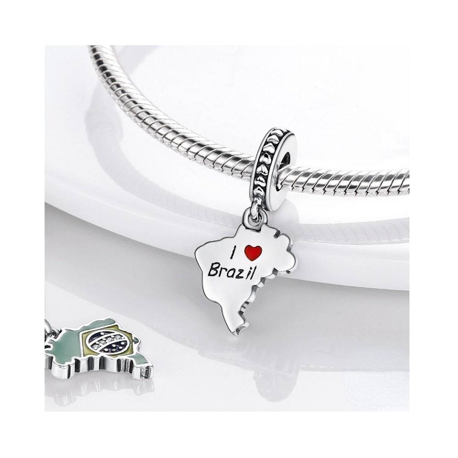 Charm Mapa de Brasil ("I Love Brazil") En Plata 925 - Imagen 2