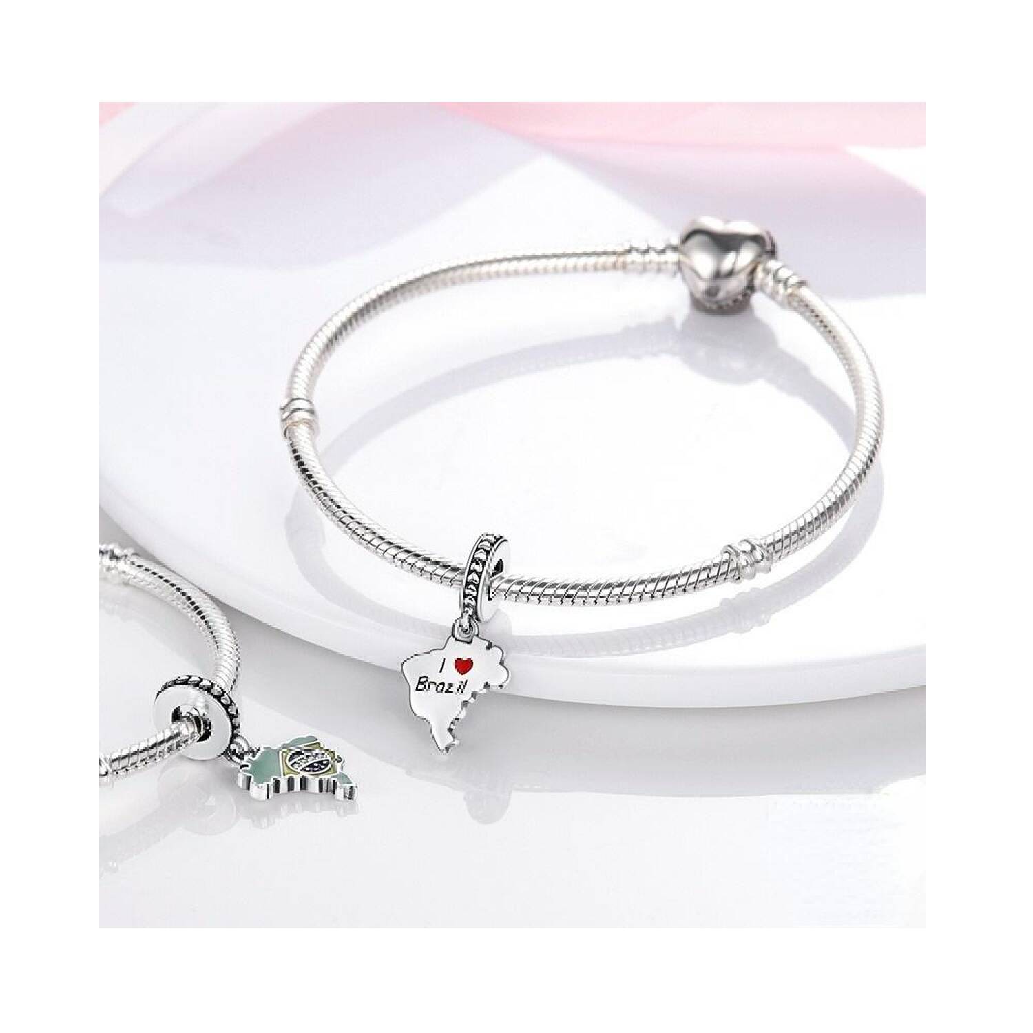 Charm Mapa de Brasil ("I Love Brazil") En Plata 925 - Imagen 3