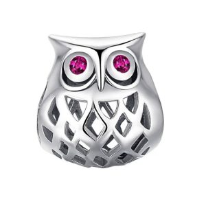 Charm Búho con Ojos de Circones Rosa En Plata 925