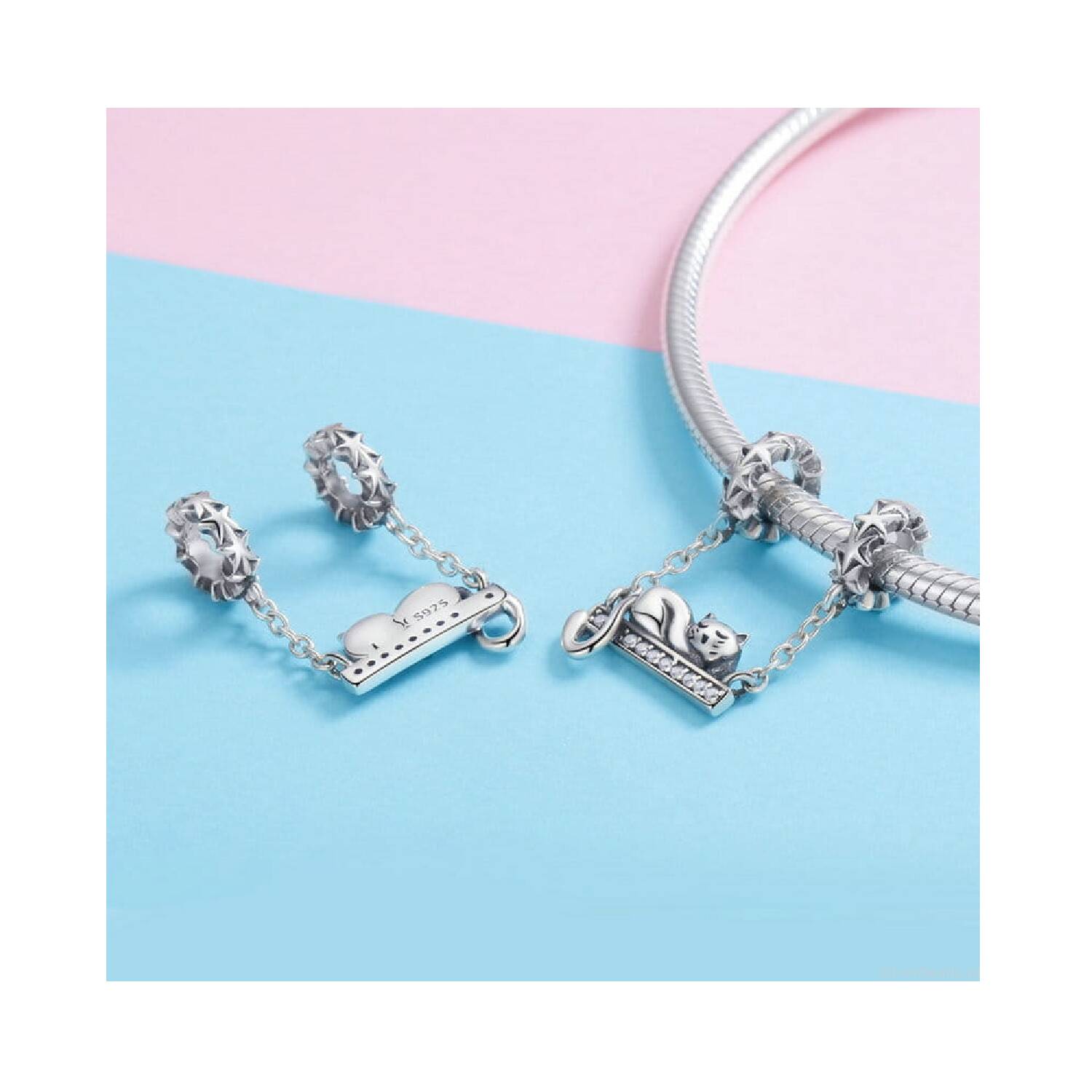 Charm Cadena de Seguridad Gatito Durmiendo En Plata 925 - Imagen 2