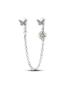 Charm Cadena Mariposas y Flor Brillante En Plata 925