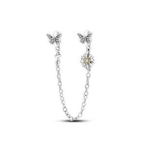 Charm Cadena Mariposas y Flor Brillante En Plata 925