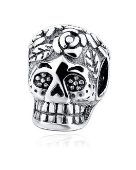Charm Calavera Con Rosas y Hojas En Plata 925