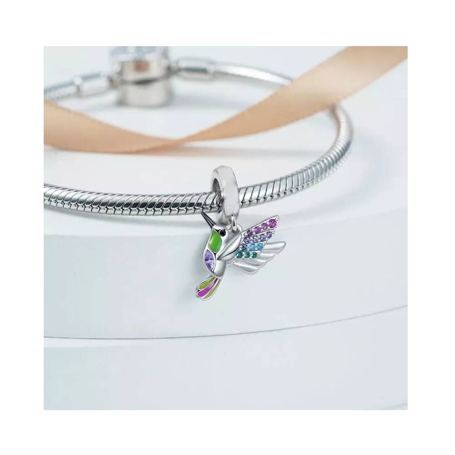 Charm Colibrí Picaflor Colorido y Circones En Plata 925 - Imagen 2