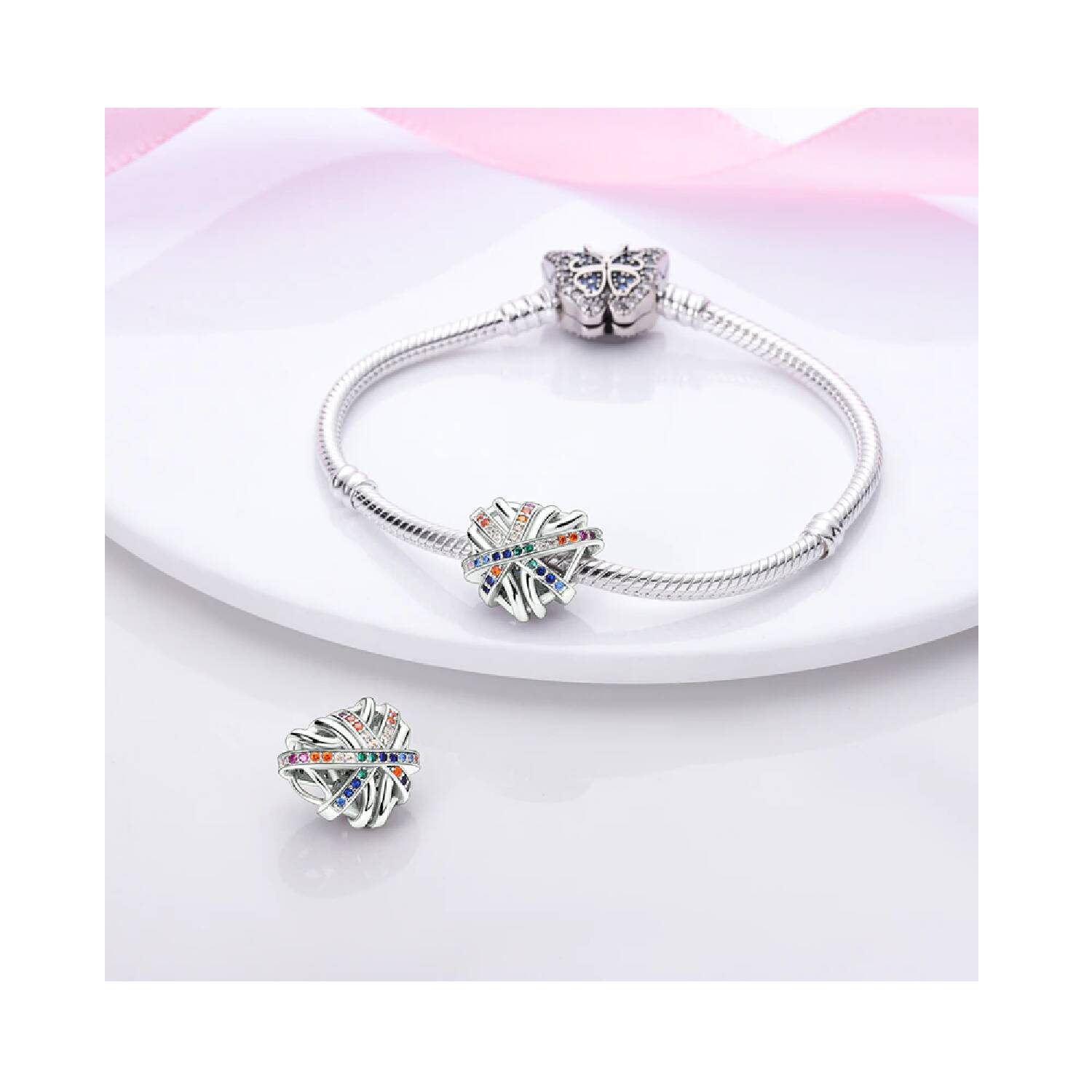Charm Corazón Lazos Circones Coloridos En Plata 925 - Imagen 3