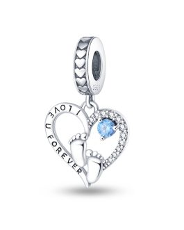 Charm Corazón Amor y Pies de Bebé Azul En Plata 925