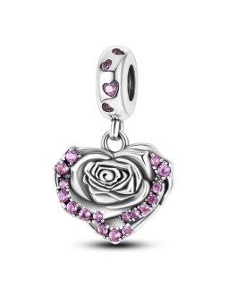 Charm Corazón de Rosa y Circones En Plata 925