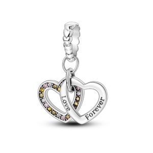 Charm Corazones Unidos y Circones En Plata 925