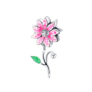 Charm Flor Rosada y Circones Brillantes En Plata 925