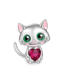 Charm Gatito y Corazón de Circón Rojo En Plata 925