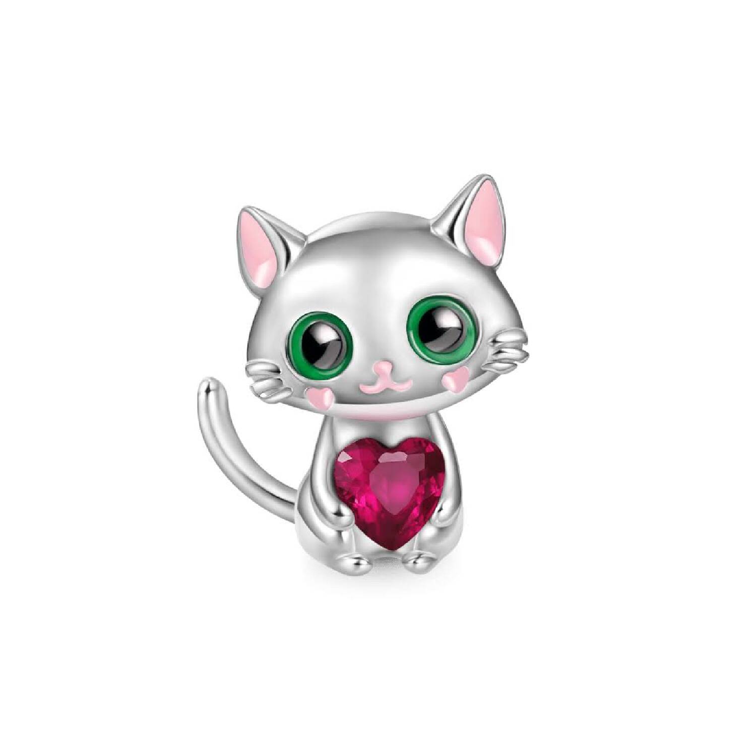 Charm Gatito y Corazón de Circón Rojo En Plata 925