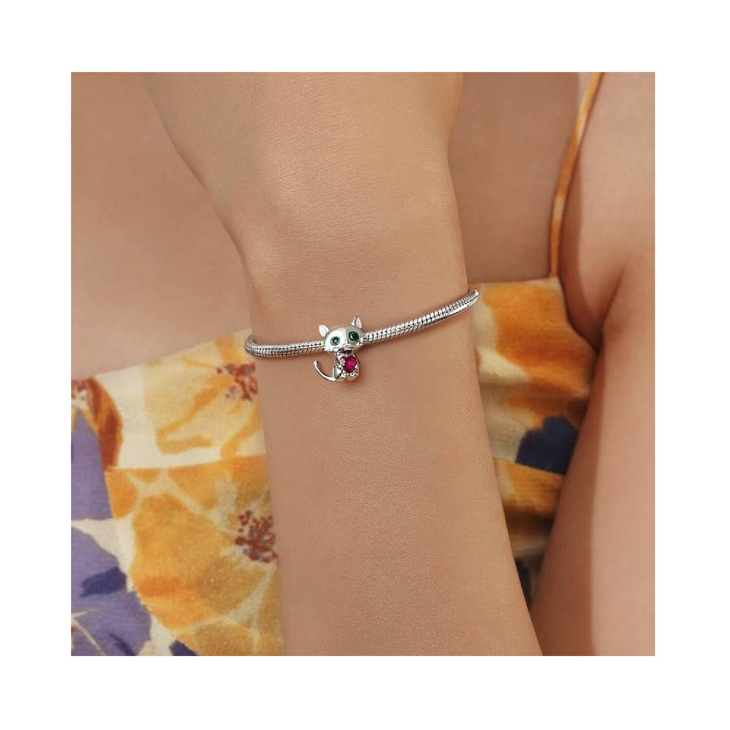 Charm Gatito y Corazón de Circón Rojo En Plata 925 - Imagen 3