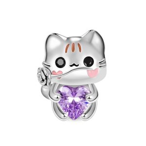 Charm Gatito y Corazón de Circón Lila En Plata 925