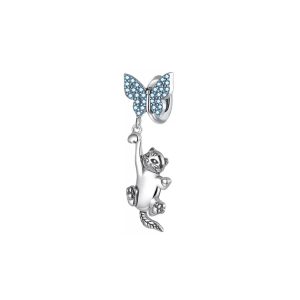 Charm Gatito y Mariposa Circones Celestes En Plata 925
