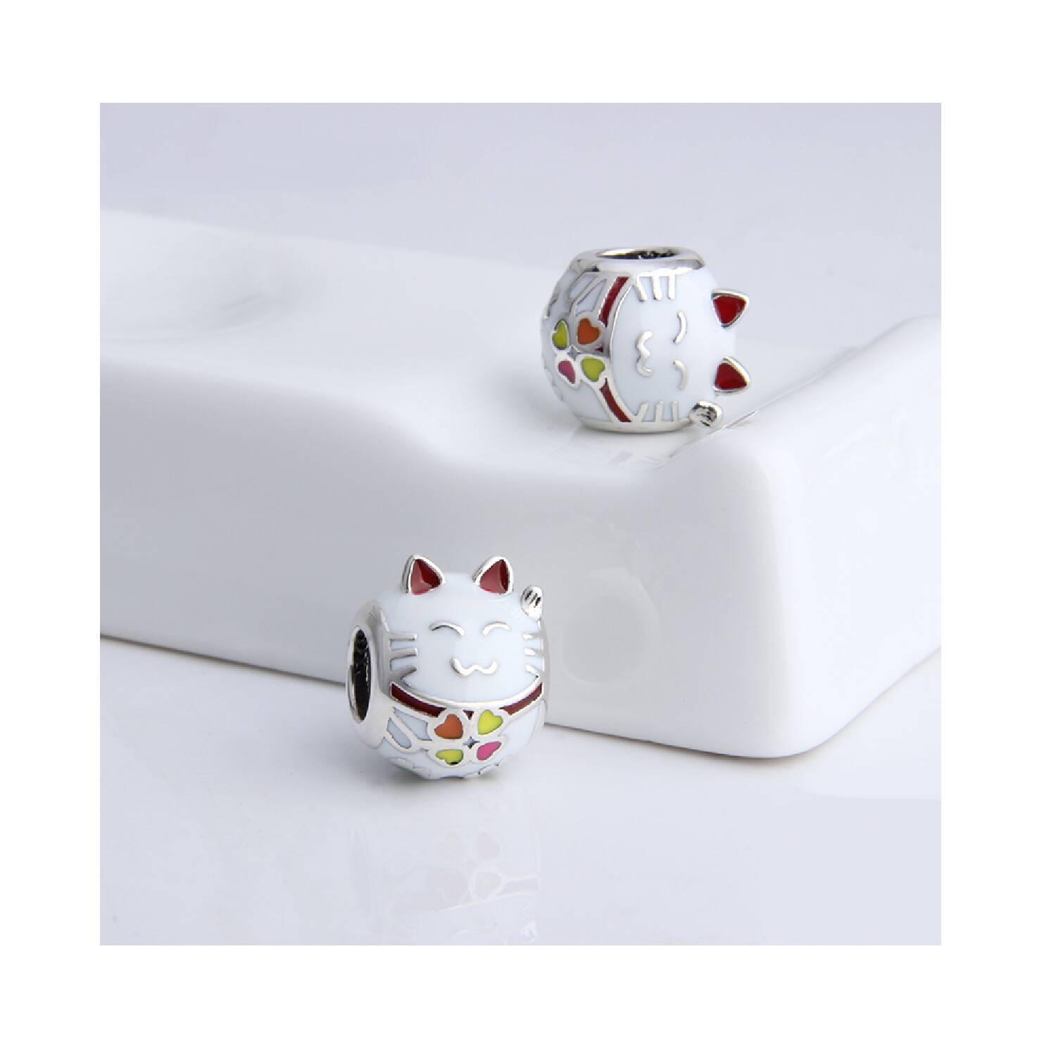 Charm Gato Blanco de la Suerte En Plata 925 - Imagen 2