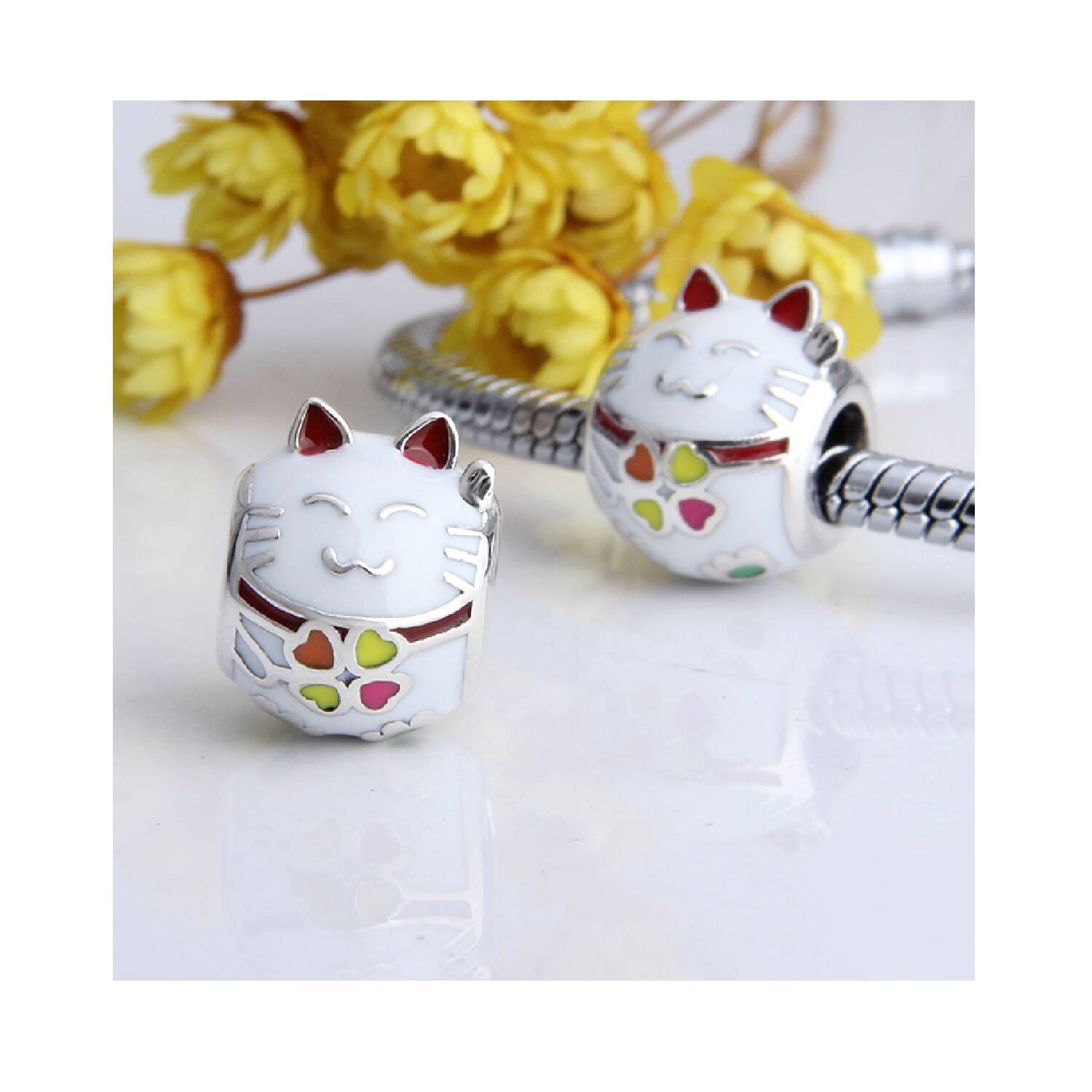 Charm Gato Blanco de la Suerte En Plata 925 - Imagen 4