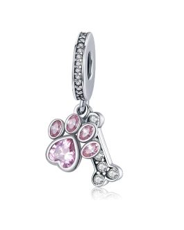 Charm Hueso y Huella de Perro Cristal Rosa En Plata 925