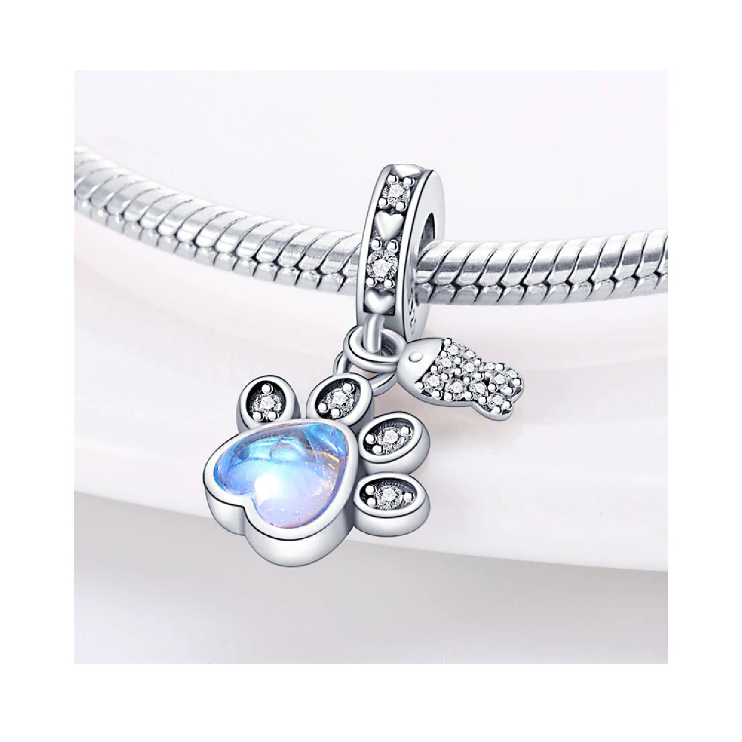 Charm Huella de Mascota y Pez con Circones En Plata 925 - Imagen 2