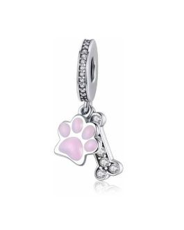 Charm Hueso y Huella de Perro Rosa En Plata 925