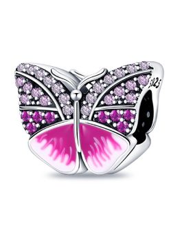 Charm Mariposa Rosa y Circones Brillantes En Plata 925