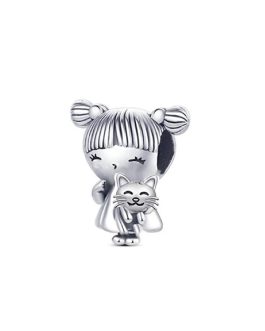 Charm Niña Pequeña y Gatito En Plata 925