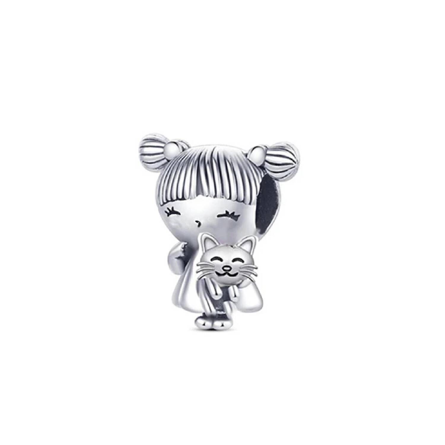 Charm Niña Pequeña y Gatito En Plata 925