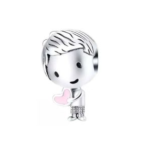 Charm Niño y Corazón Rosa En Plata 925