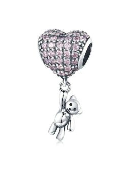 Charm Oso y Globo de Corazón Circones Rosa En Plata 925