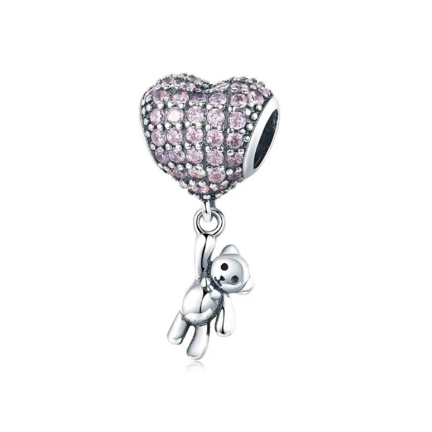 Charm Oso y Globo de Corazón Circones Rosa En Plata 925