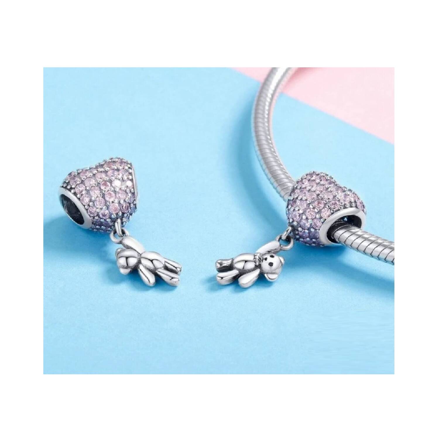 Charm Oso y Globo de Corazón Circones Rosa En Plata 925 - Imagen 3