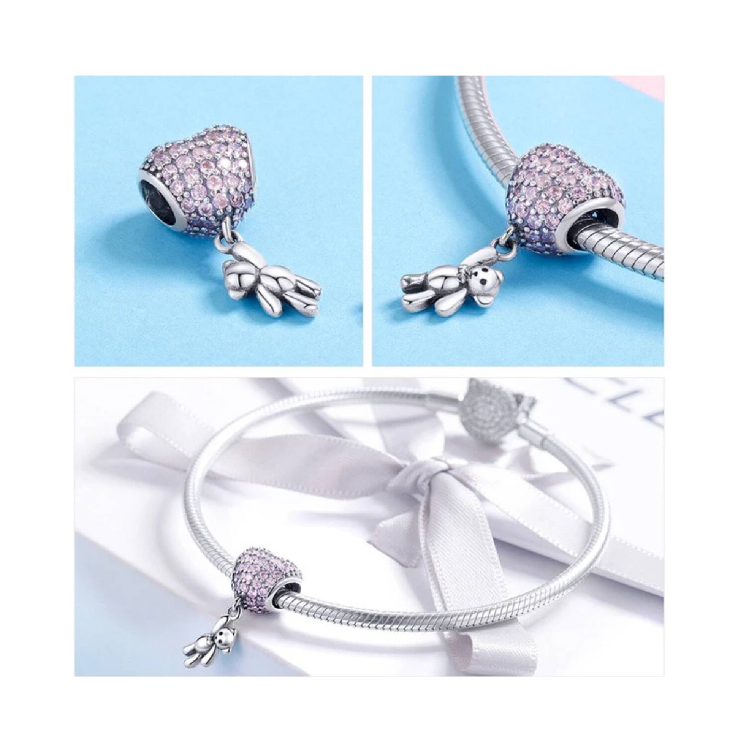 Charm Oso y Globo de Corazón Circones Rosa En Plata 925 - Imagen 5