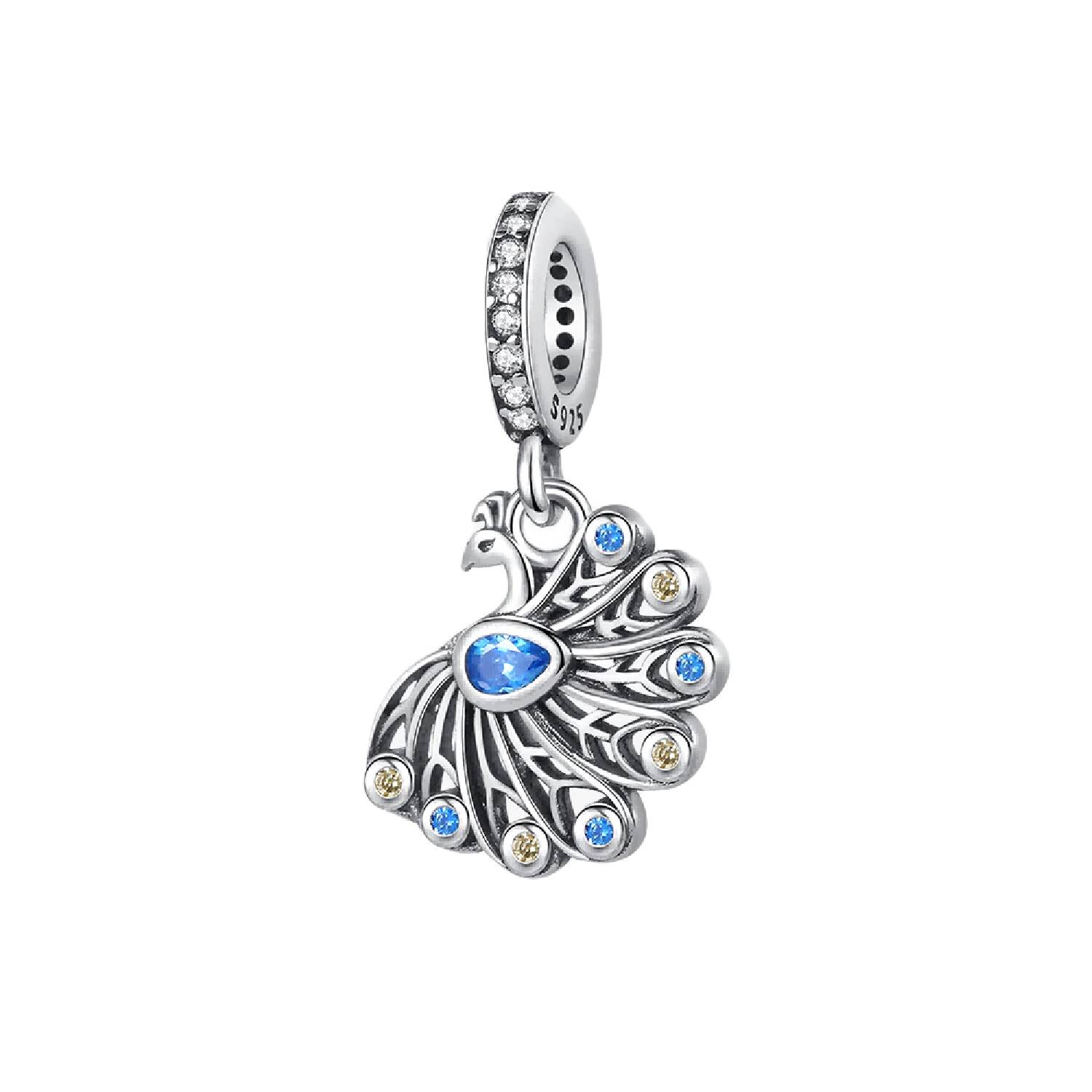 Charm Pavo Real y Circones Brillantes En Plata 925
