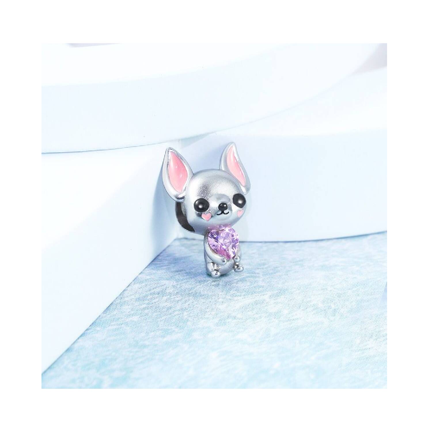 Charm Cachorro Perro Chihuahua y Corazón Rosa En Plata 925 - Imagen 3