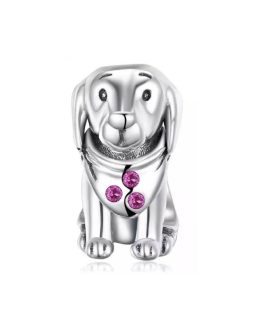 Charm Perro con Pañuelo y Circones Rosa En Plata 925
