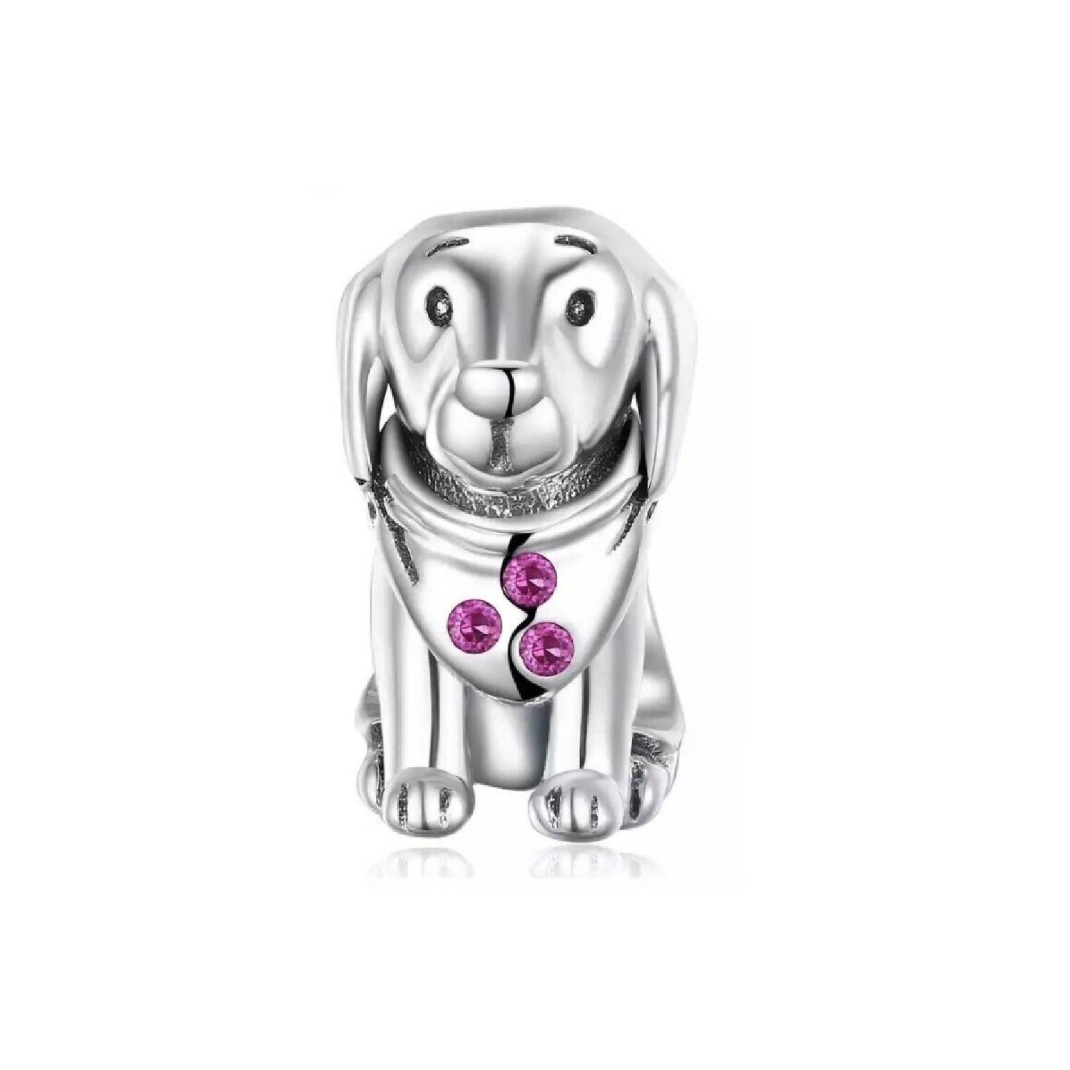 Charm Perro con Pañuelo y Circones Rosa En Plata 925