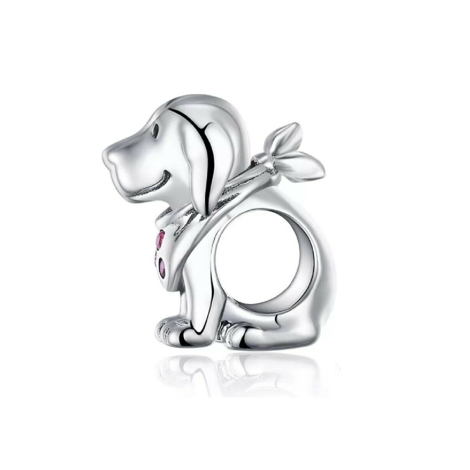 Charm Perro con Pañuelo y Circones Rosa En Plata 925 - Imagen 2