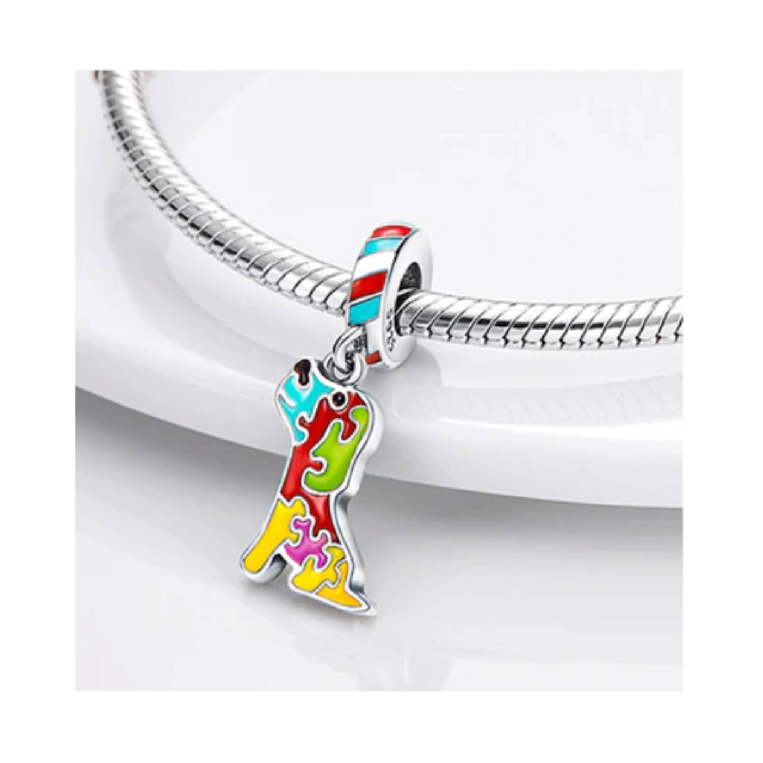 Charm Perro y Puzzle Colorido Autismo En Plata 925 - Imagen 2