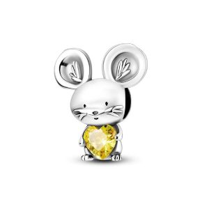 Charm Ratoncito Corazón Circón Dorado En Plata 925
