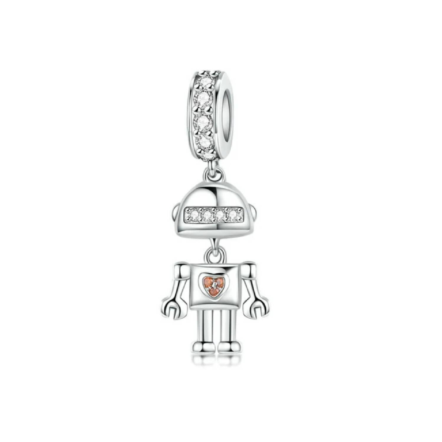 Charm Robot con Circones y Corazón En Plata 925