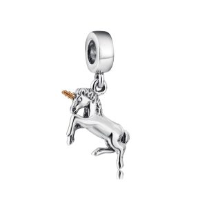 Charm Unicornio Solemne con Cuerno Dorado En Plata 925