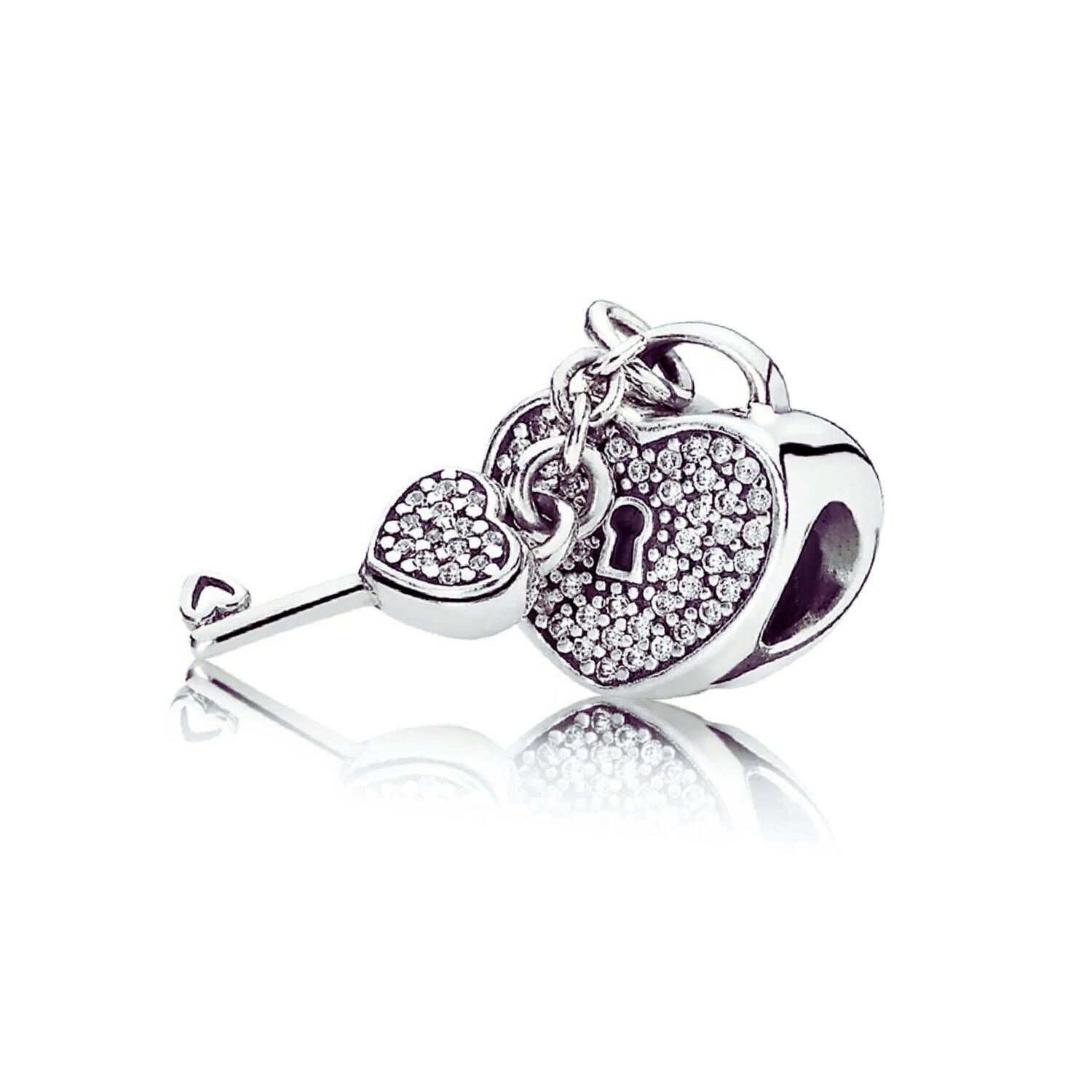 Charm Corazón Candado y Llave con Circones En Plata 925