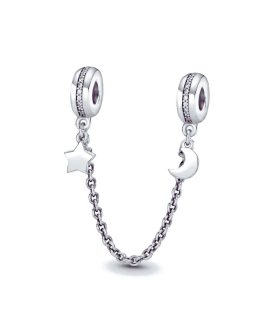 Charm Cadena de Seguridad Luna y Estrella En Plata 925
